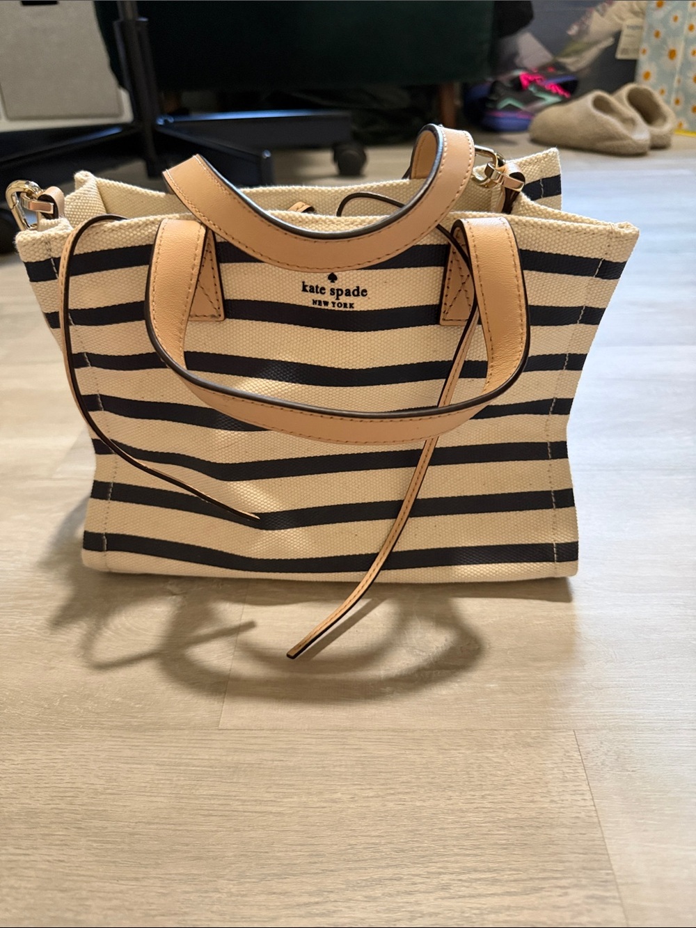 kate spade Navy & Cream Striped Canvas Tote with Tan Leather Trim